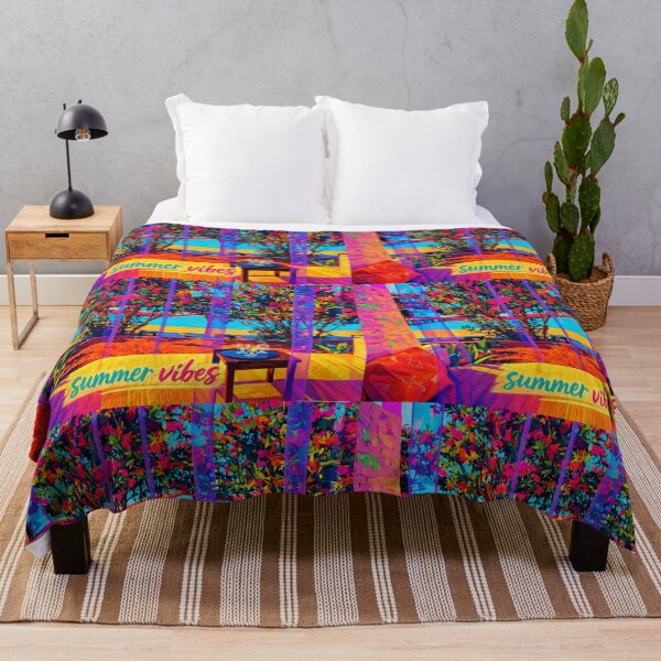 Item preview, Summer vibes colourful scenery of beach and sea thru purple curtains and flowers designed and sold by wallartofmio.