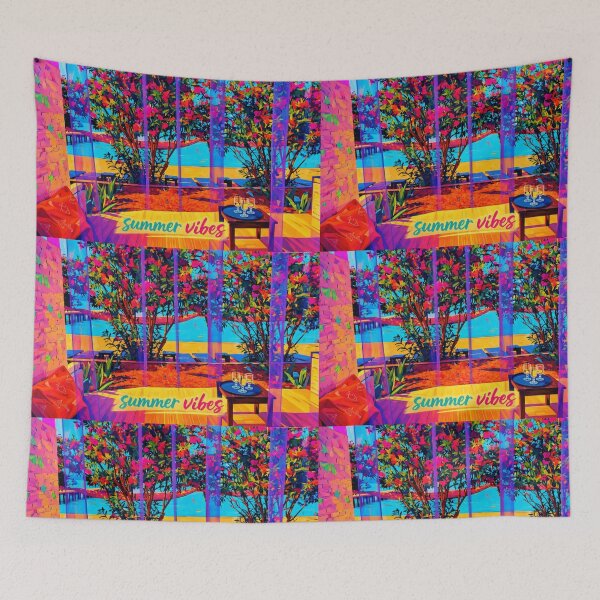 Item preview, Summer vibes colourful scenery of beach and sea thru purple curtains and flowers  designed and sold by wallartofmio.