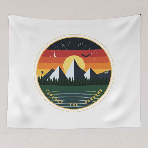 Item preview, Stay Wild Mountain Adventure - Vintage 70s Retro Sunset Hiking Badge designed and sold by GSideArtStore.