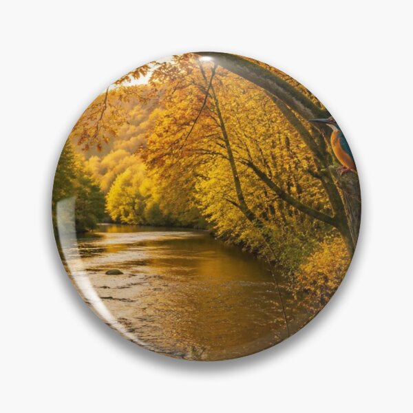 Item preview, Kingfisher And Robin By Autumn Woodland River Golden Nature Scene designed and sold by ThatSurreyLife.