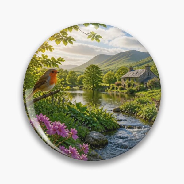 Item preview, Robin Over Colourful Wildflower Meadow And Peaceful Countryside Lake designed and sold by ThatSurreyLife.
