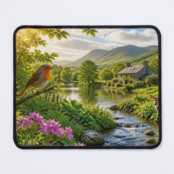 Item preview, Robin Over Colourful Wildflower Meadow And Peaceful Countryside Lake designed and sold by ThatSurreyLife.