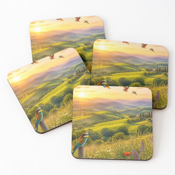 Item preview, Colourful Birds Flying Over Wildflower Farm Landscape At Sunset designed and sold by ThatSurreyLife.