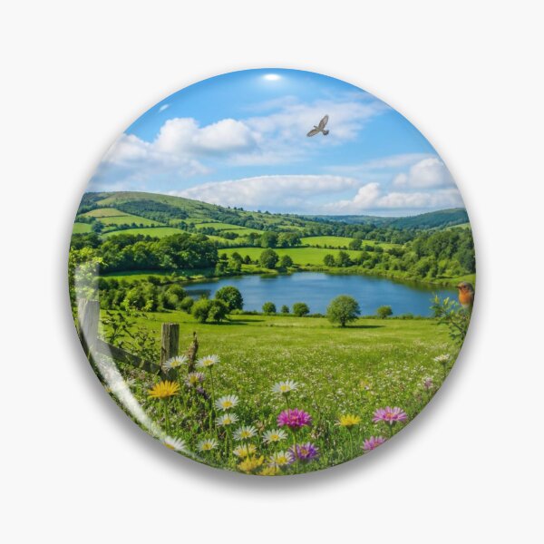 Item preview, Wildflower Meadow Over Rolling English Countryside With Flying Birds designed and sold by ThatSurreyLife.