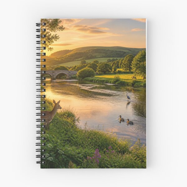Item preview, Countryside River Stone Bridge Deer And Birds At Golden Sunset designed and sold by ThatSurreyLife.