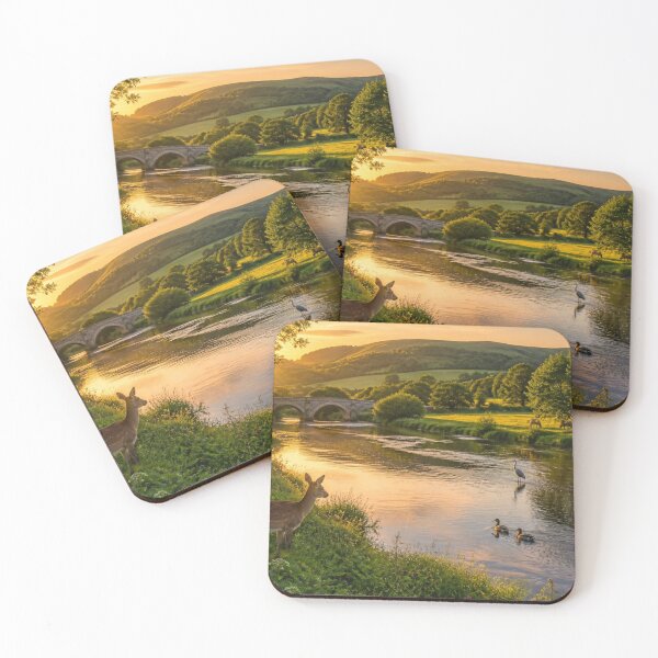 Item preview, Countryside River Stone Bridge Deer And Birds At Golden Sunset designed and sold by ThatSurreyLife.