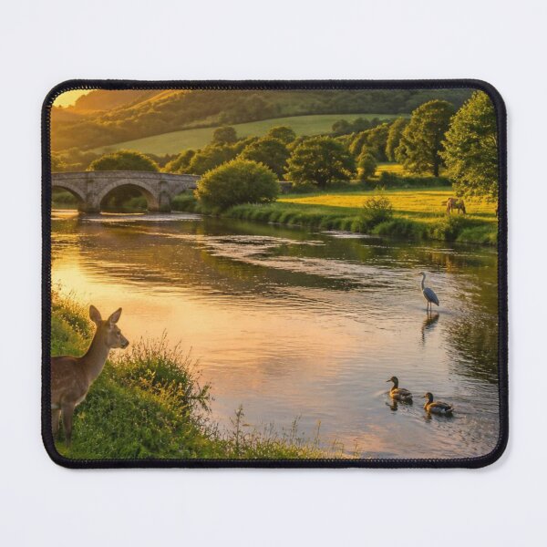Item preview, Countryside River Stone Bridge Deer And Birds At Golden Sunset designed and sold by ThatSurreyLife.