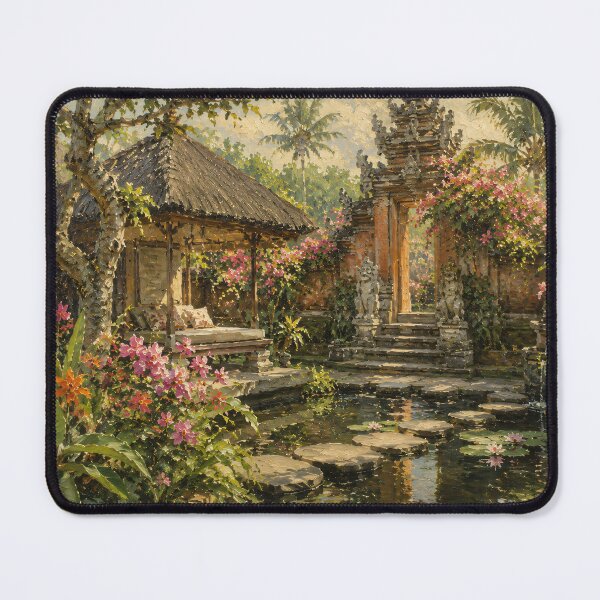 Item preview, Balinese Garden Retreat With Lotus Pond - Bougainvillea And Temple Gate Painting designed and sold by Jozefin's Studio.