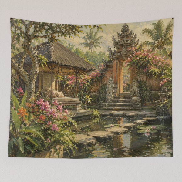 Item preview, Balinese Garden Retreat With Lotus Pond - Bougainvillea And Temple Gate Painting designed and sold by Jozefin's Studio.