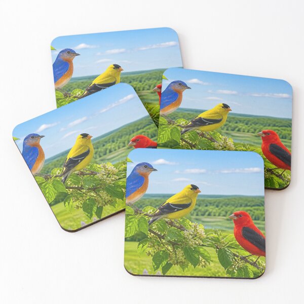 Item preview, Colourful Garden Birds Perched On Flowering Branch In Summer Countryside designed and sold by ThatSurreyLife.