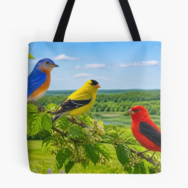 Item preview, Colourful Garden Birds Perched On Flowering Branch In Summer Countryside designed and sold by ThatSurreyLife.