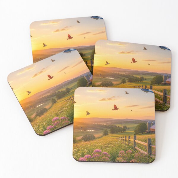 Item preview, Colourful Birds Flying Over Wildflower Farm Landscape At Sunset designed and sold by ThatSurreyLife.