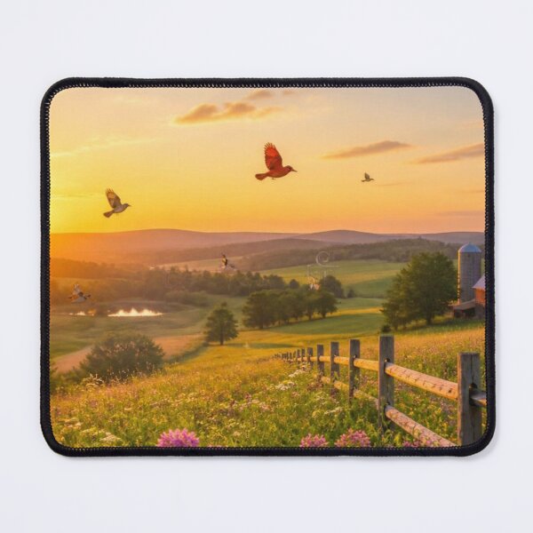 Item preview, Colourful Birds Flying Over Wildflower Farm Landscape At Sunset designed and sold by ThatSurreyLife.