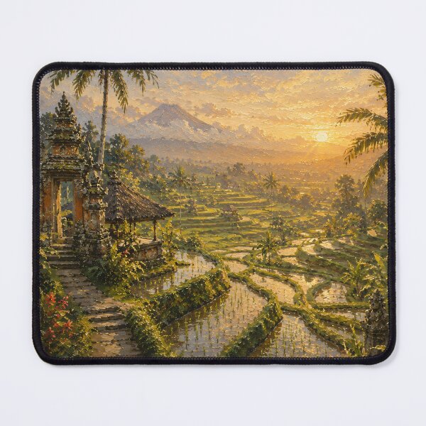 Item preview, Bali Rice Terraces At Sunset - Temple Gate And Volcano Golden Painting designed and sold by Jozefin's Studio.