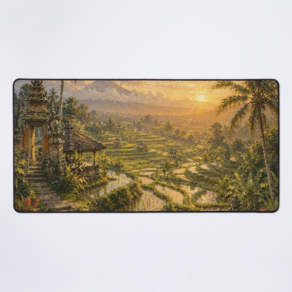 Item preview, Bali Rice Terraces At Sunset - Temple Gate And Volcano Golden Painting designed and sold by Jozefin's Studio.
