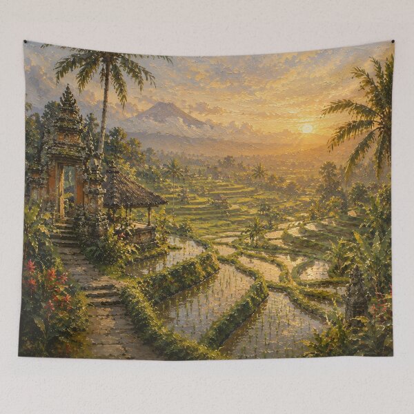 Item preview, Bali Rice Terraces At Sunset - Temple Gate And Volcano Golden Painting designed and sold by Jozefin's Studio.