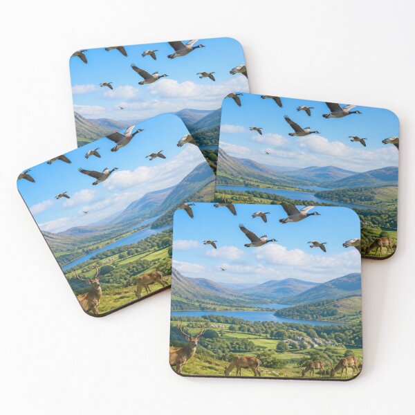 Item preview, Flying Geese And Deer Over Mountain Lake Beautiful Wildlife Landscape designed and sold by ThatSurreyLife.