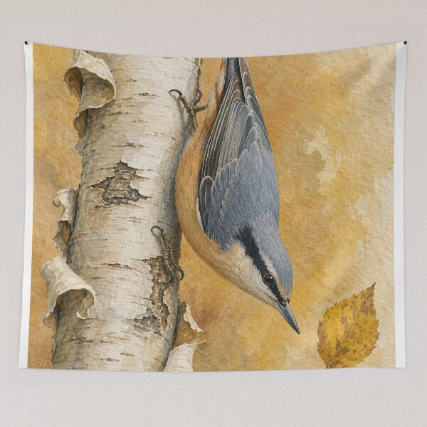Item preview, Nuthatch on a Birch Trunk Watercolour designed and sold by GoldenHourWalls.
