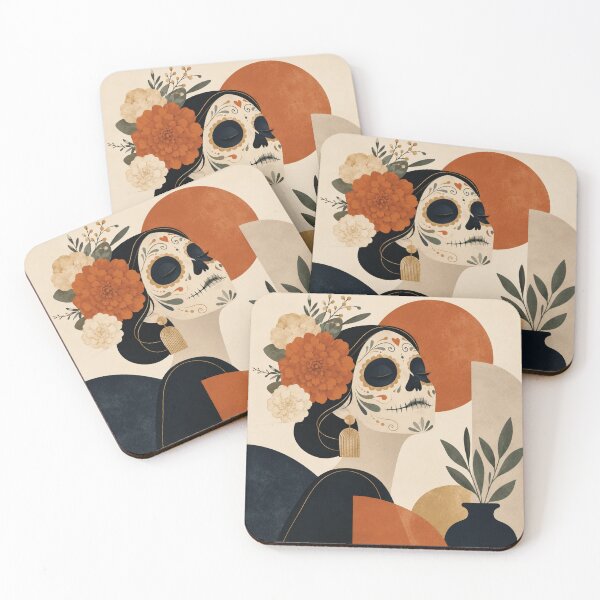 Item preview, Modern Dia de los Muertos Calavera Art – Mexican Sugar Skull Woman with Marigolds, Contemporary Boho Floral Wall Art designed and sold by KawaiiDesigns26.