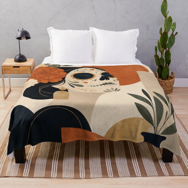 Item preview, Modern Dia de los Muertos Calavera Art – Mexican Sugar Skull Woman with Marigolds, Contemporary Boho Floral Wall Art designed and sold by KawaiiDesigns26.