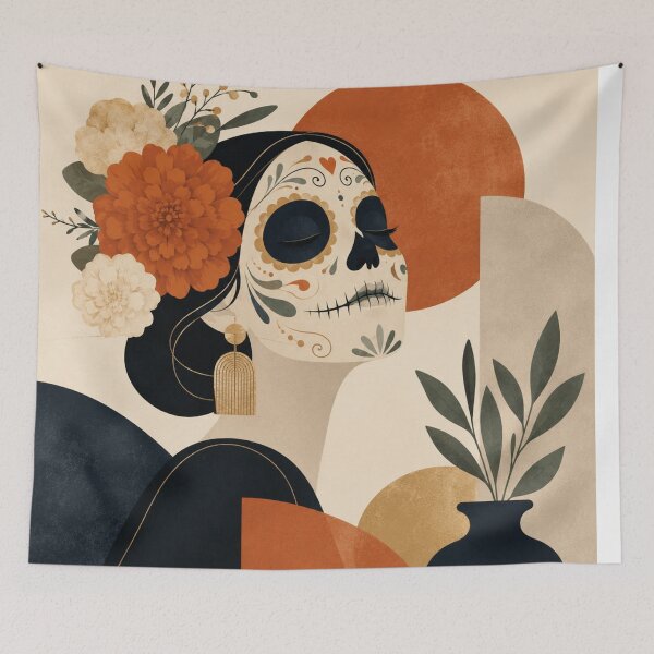 Item preview, Modern Dia de los Muertos Calavera Art – Mexican Sugar Skull Woman with Marigolds, Contemporary Boho Floral Wall Art designed and sold by KawaiiDesigns26.