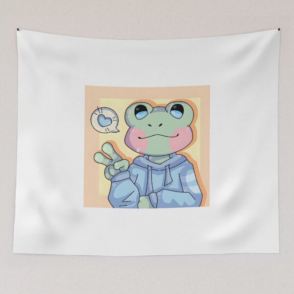 Item preview, Cute Frog Character in Blue Hoodie Giving Peace Sign designed and sold by J-Mindful.