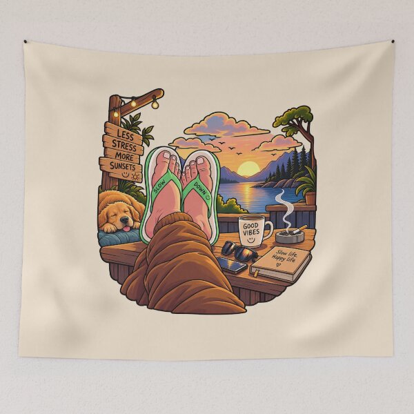Item preview, Slow Living Sunset – Cozy Lake Retreat Relaxation Cartoon designed and sold by waikibi ⭐⭐⭐⭐.