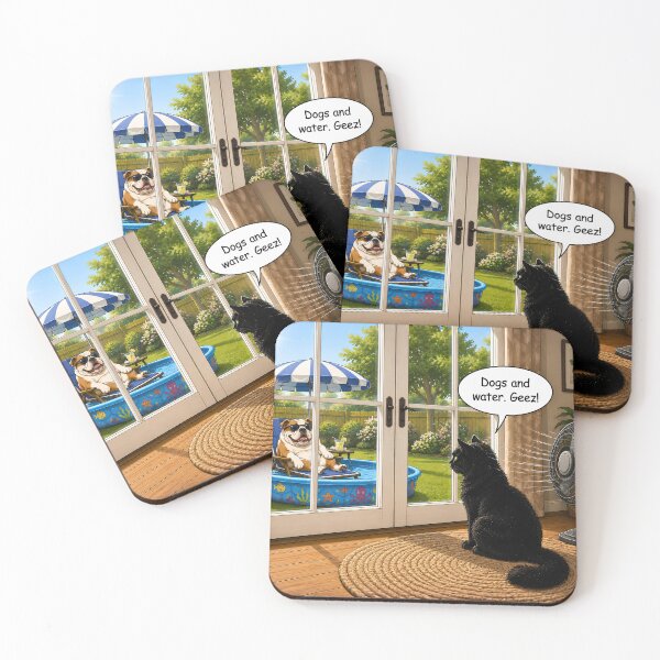 Item preview, Dogs and Water – Funny English Bulldog & Black Cat Cartoon designed and sold by AnimalMarvels.