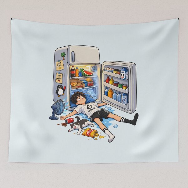 Item preview, No Energy Just Chill – Funny Person Sleeping in Refrigerator Cartoon designed and sold by waikibi ⭐⭐⭐⭐⭐.