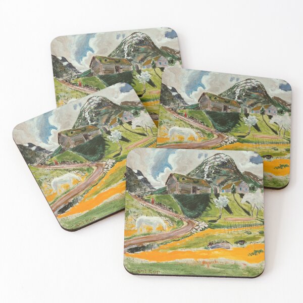Item preview, Nikolai Astrup - The white horse in the spring alpine wildflower meadows and mountaintop landscape painting  designed and sold by Jéanpaul  Ferro.