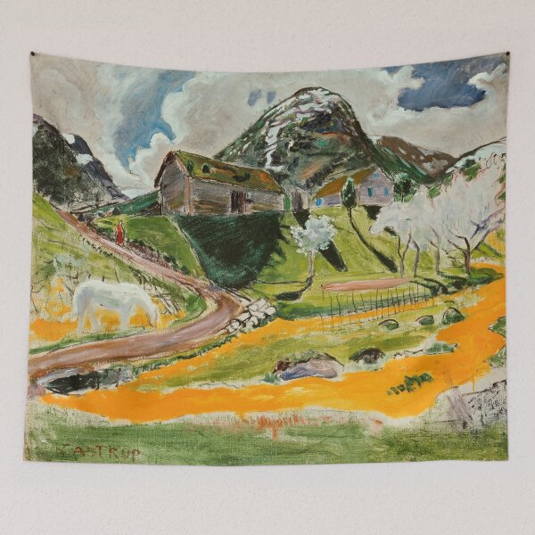 Item preview, Nikolai Astrup - The white horse in the spring alpine wildflower meadows and mountaintop landscape painting  designed and sold by Jéanpaul  Ferro.