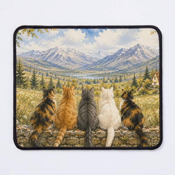 Item preview, Five Cats on Stone Wall Mountain Vista designed and sold by Jozefin's Studio.
