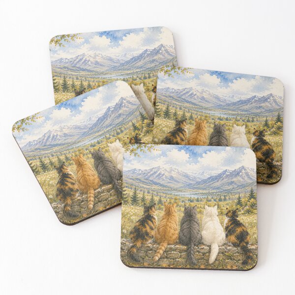Item preview, Five Cats on Stone Wall Mountain Vista designed and sold by Jozefin's Studio.
