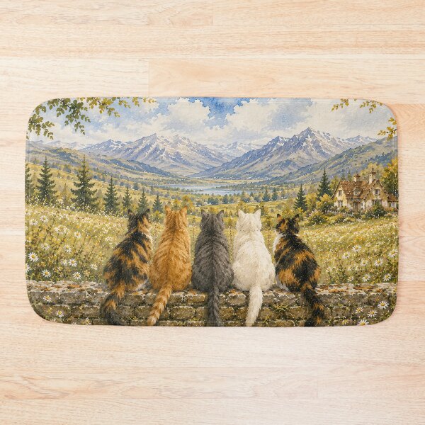 Item preview, Five Cats on Stone Wall Mountain Vista designed and sold by Jozefin's Studio.