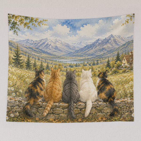 Item preview, Five Cats on Stone Wall Mountain Vista designed and sold by Jozefin's Studio.