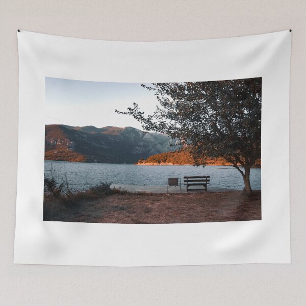 Item preview, Wooden bench overlooking mountain lake view designed and sold by MMLK9394.