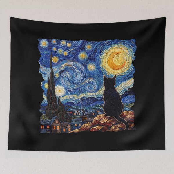 Item preview, Starry Night Black Cat - Van Gogh Inspired Feline Art designed and sold by Shopeon Designs.