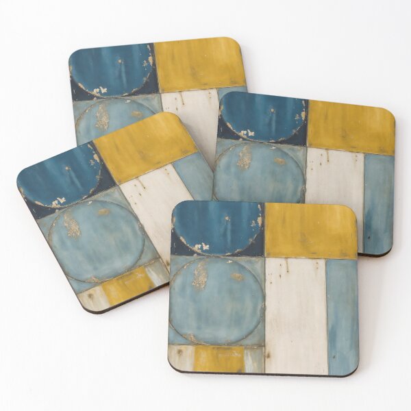 Item preview, Mid Century Modern Abstract Geometric Design Art Retro Bauhaus Circles and Blocks Painting in Mustard Yellow and Deep Blue Tone designed and sold by SurfaceCraft Studio.