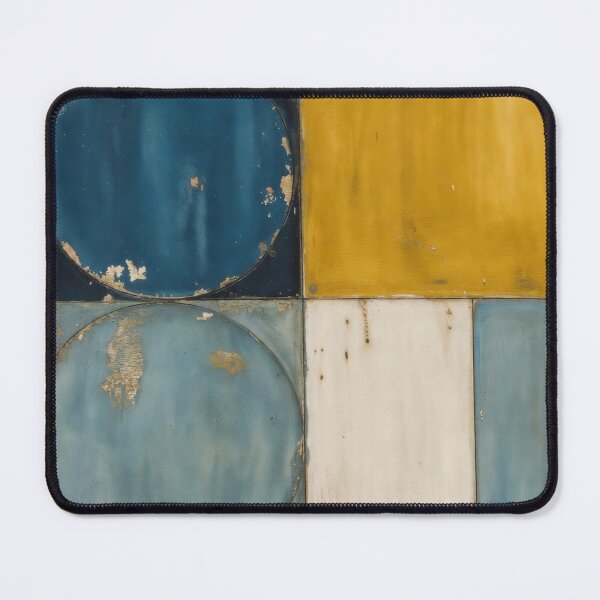 Item preview, Mid Century Modern Abstract Geometric Design Art Retro Bauhaus Circles and Blocks Painting in Mustard Yellow and Deep Blue Tone designed and sold by SurfaceCraft Studio.