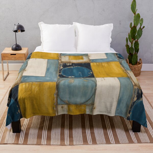 Item preview, Mid Century Modern Abstract Geometric Design Art Retro Bauhaus Circles and Blocks Painting in Mustard Yellow and Deep Blue Tone designed and sold by SurfaceCraft Studio.