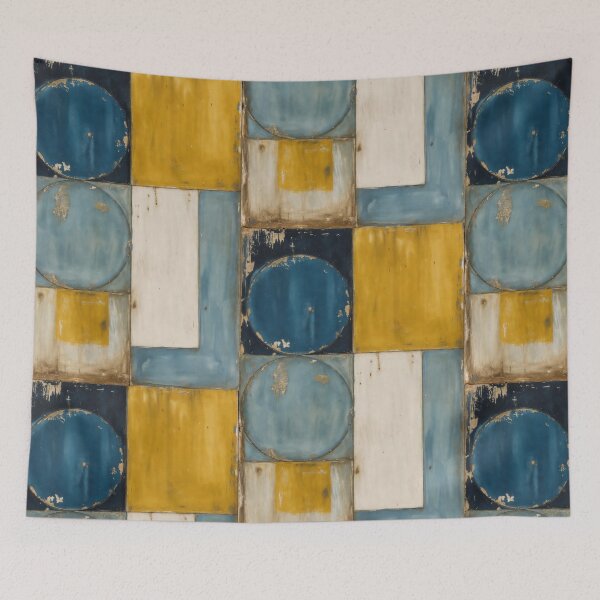 Item preview, Mid Century Modern Abstract Geometric Design Art Retro Bauhaus Circles and Blocks Painting in Mustard Yellow and Deep Blue Tone designed and sold by SurfaceCraft Studio.