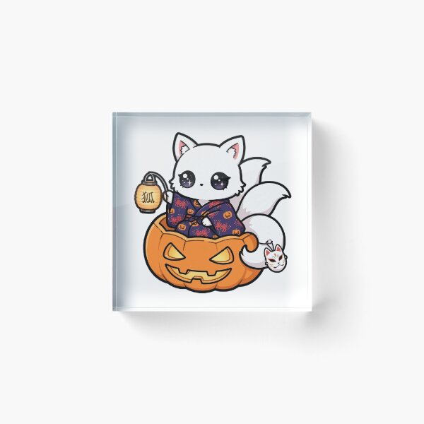Artikelvorschau, Halloween Kitsune-Junges – Weißer Fuchs im Kürbiskimono mit Chochin-Laterne entworfen und verkauft von PrettyCrypt.