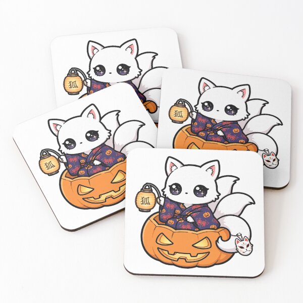Item preview, Halloween Kitsune Cub - White Fox in Pumpkin Kimono with Chochin Lantern designed and sold by PrettyCrypt.