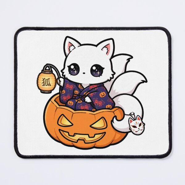 Item preview, Halloween Kitsune Cub - White Fox in Pumpkin Kimono with Chochin Lantern designed and sold by PrettyCrypt.