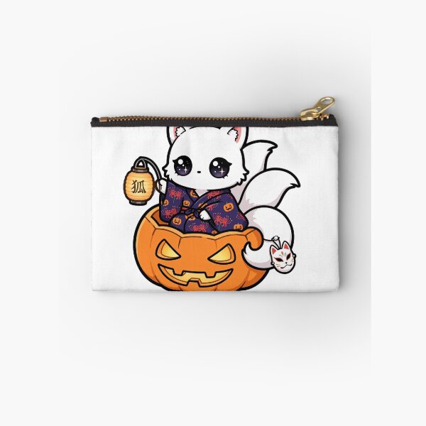 Item preview, Halloween Kitsune Cub - White Fox in Pumpkin Kimono with Chochin Lantern designed and sold by PrettyCrypt.