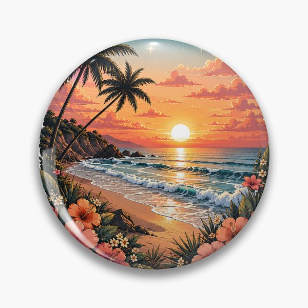Item preview, Tropical Sunset Beach Sticker | Palm Trees Ocean & Hibiscus Floral Art designed and sold by PopStickerLab22.