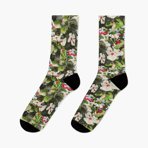 Item preview, White Periwinkle Flowers with Red Centers in Lush Garden designed and sold by BalkanBloomArt.