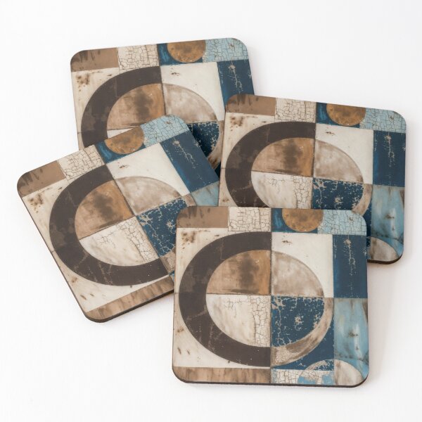 Item preview, Mid Century Modern Abstract Geometric Wall Art Retro Bauhaus Concentric Circles Painting in Distressed Indigo Blue and Warm Sepia Tones designed and sold by SurfaceCraft Studio.