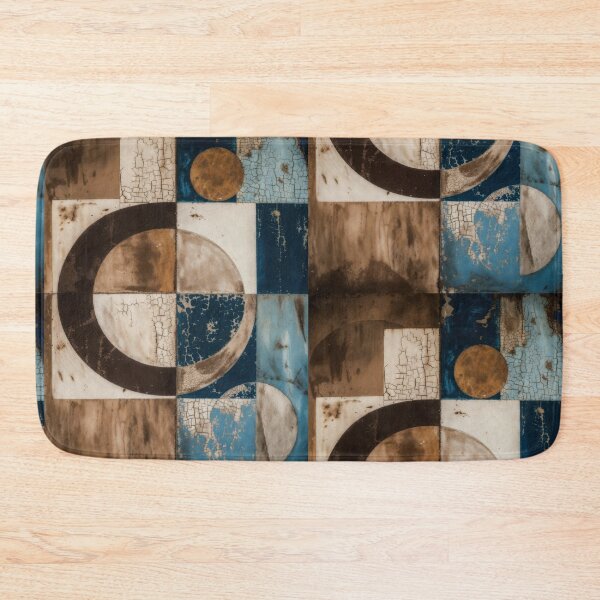 Item preview, Mid Century Modern Abstract Geometric Wall Art Retro Bauhaus Concentric Circles Painting in Distressed Indigo Blue and Warm Sepia Tones designed and sold by SurfaceCraft Studio.
