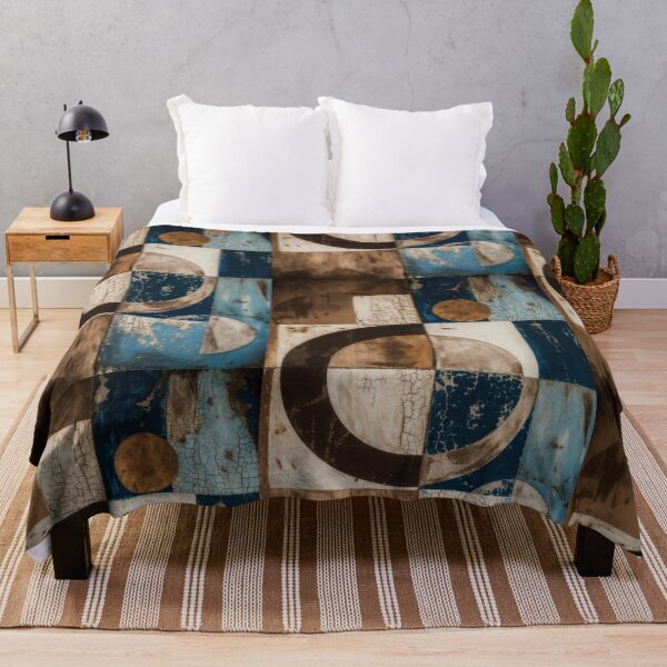 Item preview, Mid Century Modern Abstract Geometric Wall Art Retro Bauhaus Concentric Circles Painting in Distressed Indigo Blue and Warm Sepia Tones designed and sold by SurfaceCraft Studio.